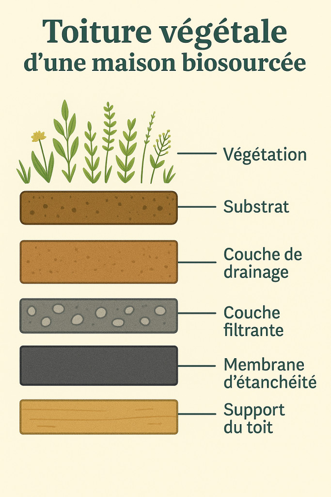 Schéma en coupe illustrant les différentes couches d'une toiture végétalisée : support porteur, isolation, membrane d'étanchéité, drainage, substrat et végétation.