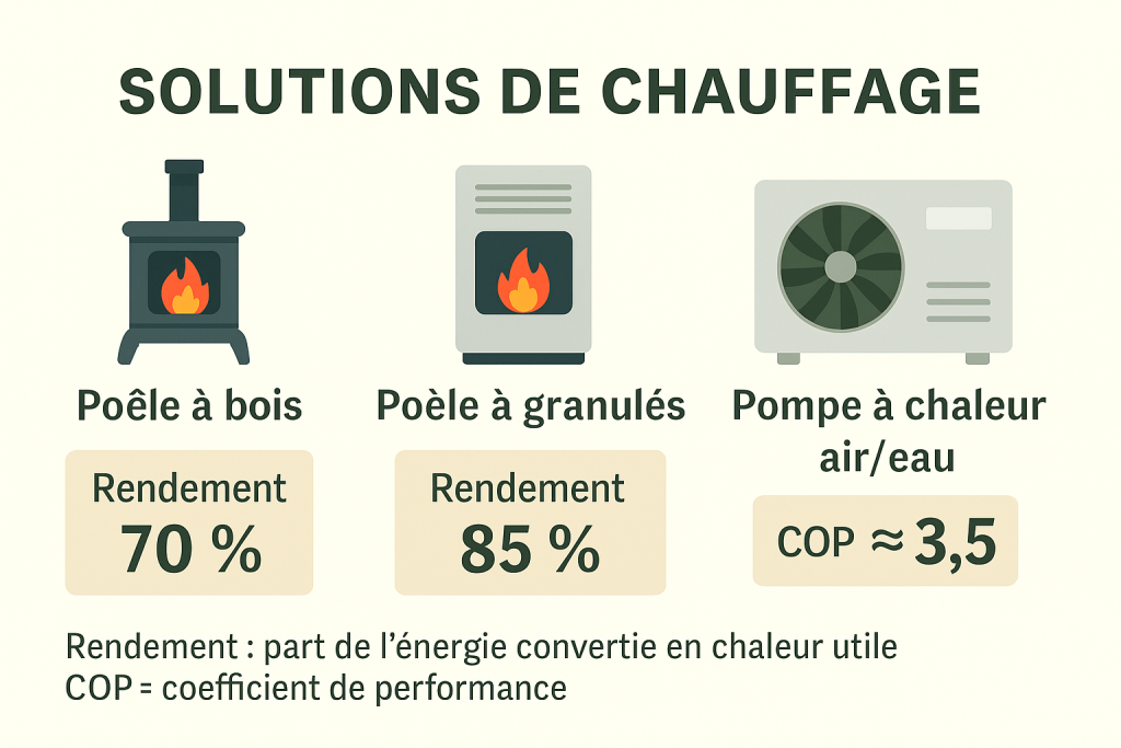 infographie rendement chauffage Infographie en français comparant trois solutions de chauffage pour une maison biosourcée : poêle à bûches (rendement 70 %), poêle à granulés (85 %) et pompe à chaleur air-eau (COP 3, équivalent 300 % de rendement), avec pictogrammes et blocs explicatifs.
