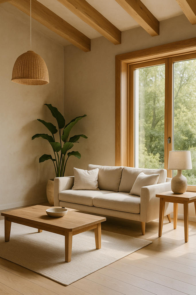 Salon lumineux avec poutres en bois, canapé beige et matériaux naturels, illustrant une rénovation biosourcée réussie