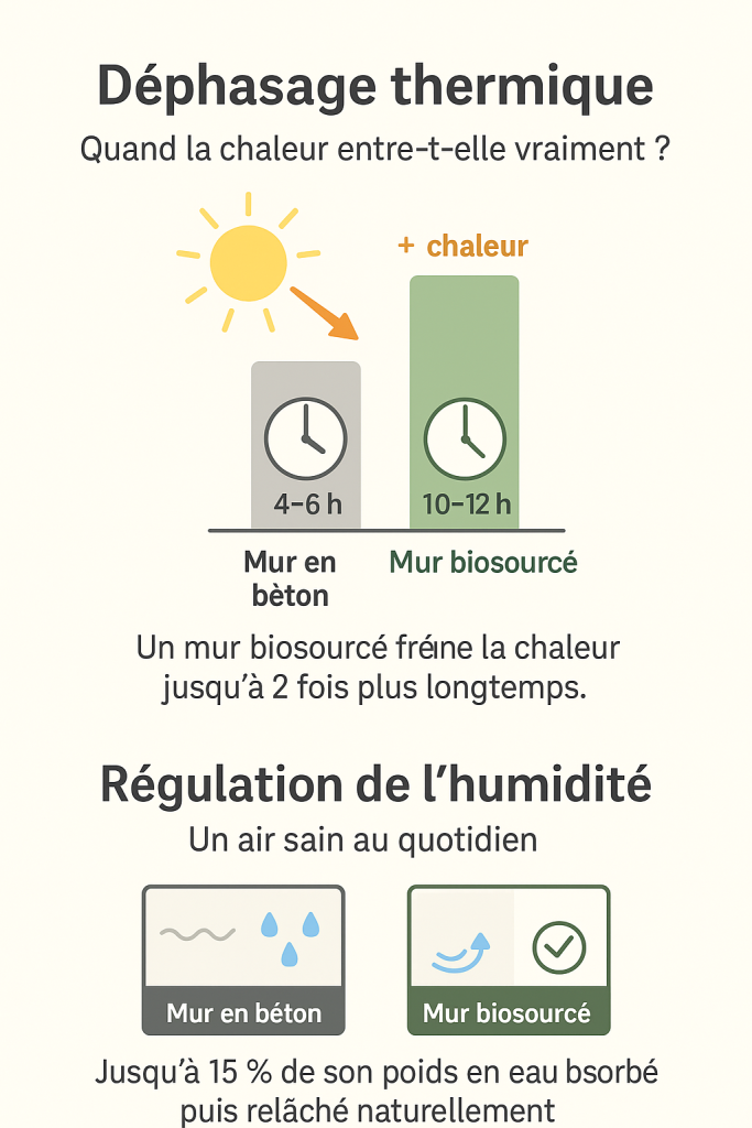 Comparaison entre mur béton et mur biosourcé Comparaison entre mur béton et mur biosourcé : déphasage thermique (4 à 6 h vs 10 à 12 h) et régulation de l’humidité (jusqu’à 15 % d’absorption naturelle), avantages pour le confort d’été et un air sain.
