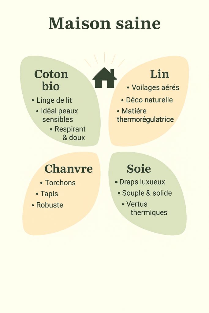 maison_saine_fibres_naturelles Infographie illustrée des fibres naturelles pour une maison saine : coton bio, lin, chanvre et soie, avec leurs propriétés comme le confort thermique, la respirabilité ou le toucher doux, autour d’une maison centrée.