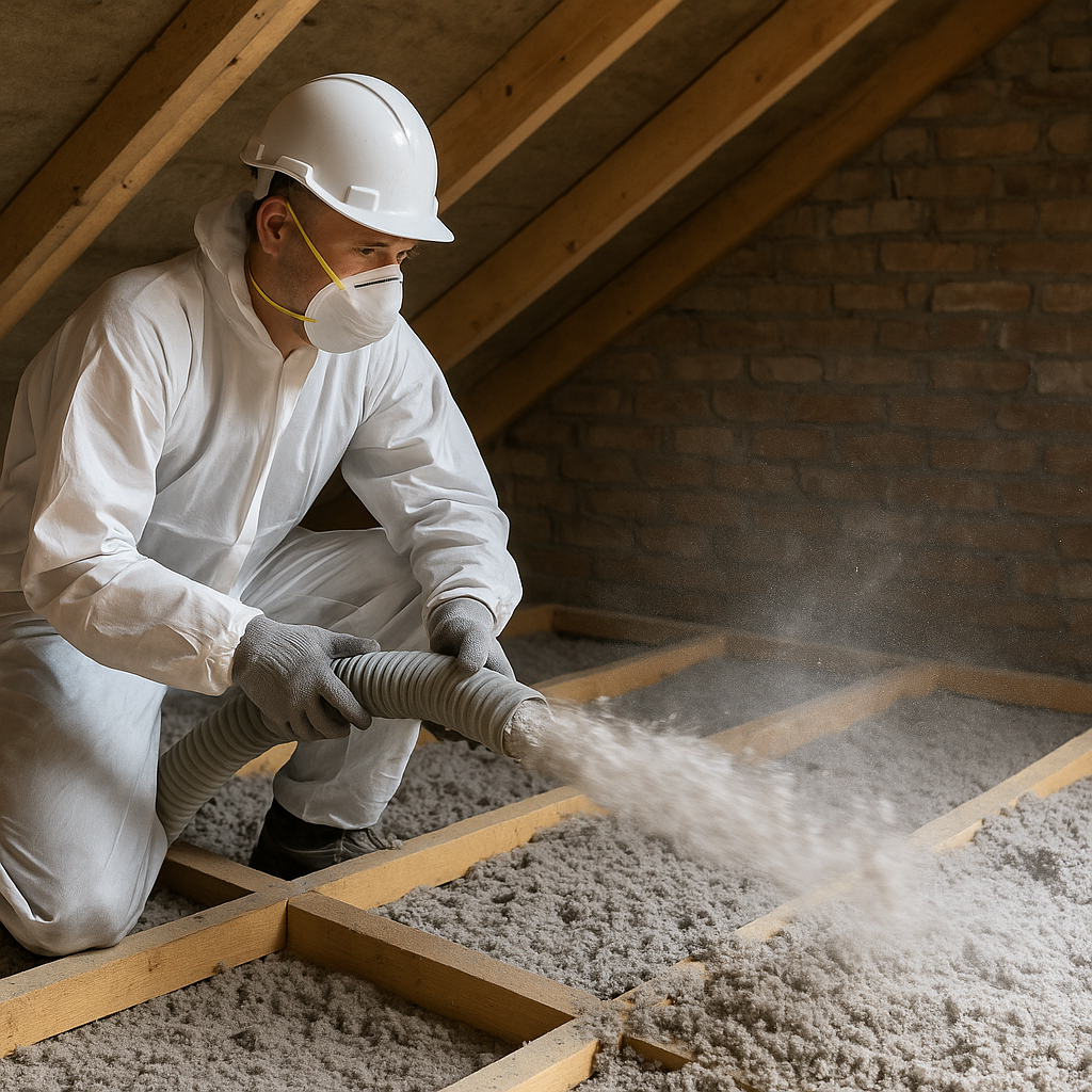 Isolation des combles biosourcée par soufflage de ouate de cellulose dans un comble perdu, réalisée par un professionnel équipé