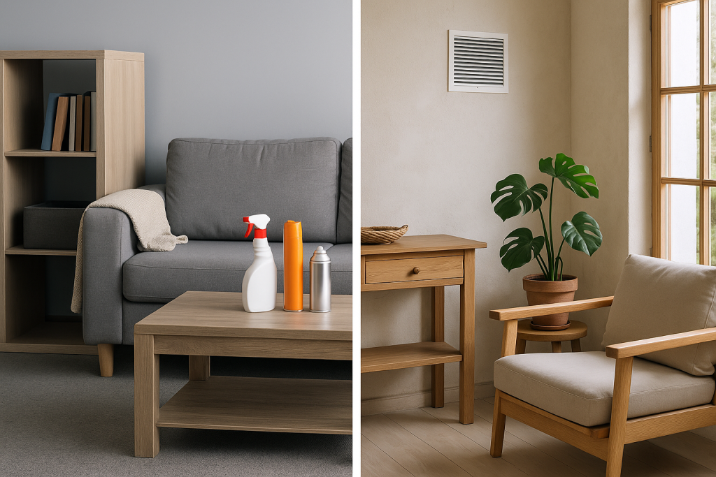 habitat et COV : Comparatif visuel entre un salon avec sources de COV (produits ménagers, mobilier synthétique) et un salon sain en matériaux naturels et ventilation efficace