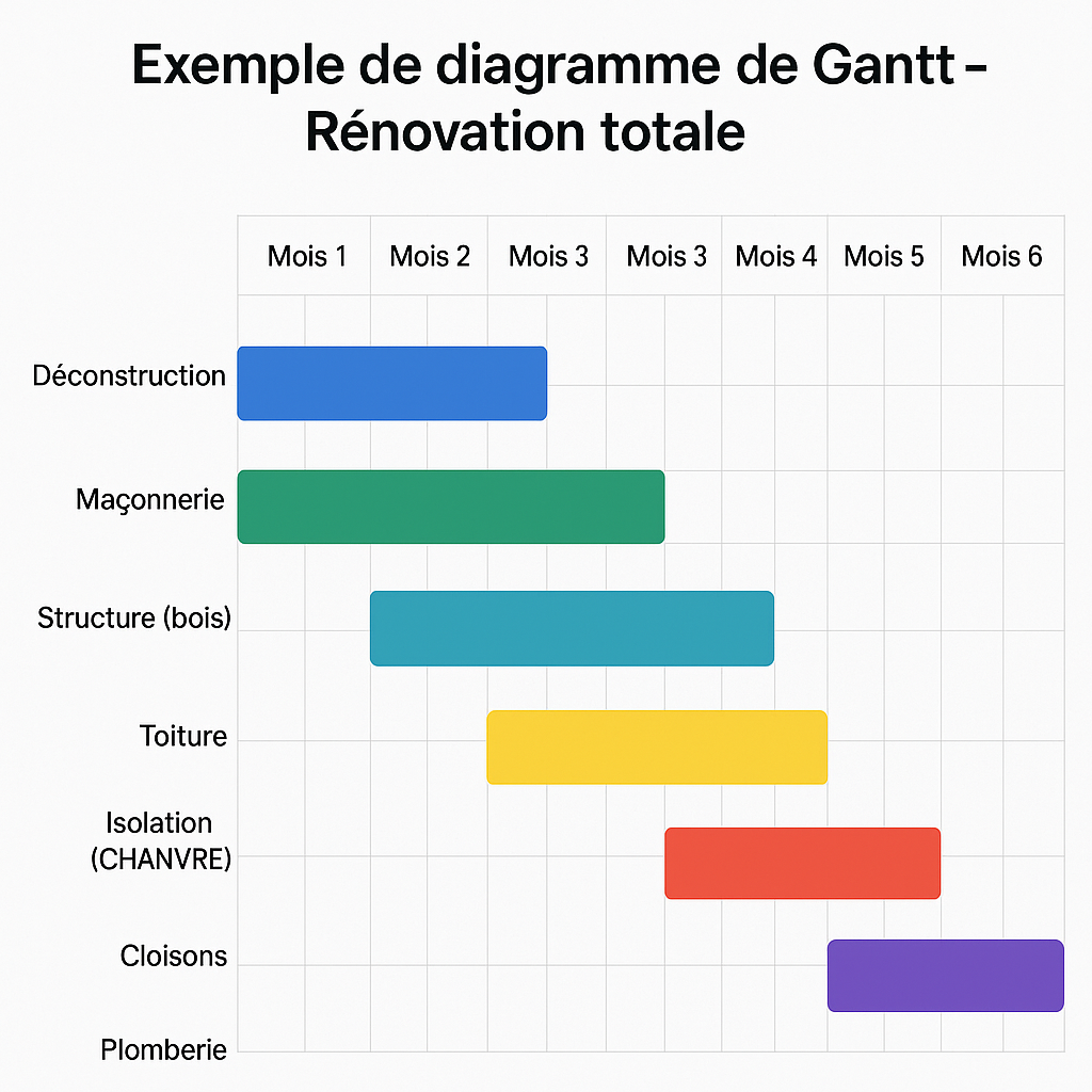 diagramme de gantt rénovation biosourcée Diagramme de Gantt illustrant une auto-rénovation biosourcée totale en 6 mois avec les étapes Déconstruction, Maçonnerie, Structure bois, Toiture, Isolation chanvre, Cloisons et Plomberie, sur fond blanc avec barres colorées.