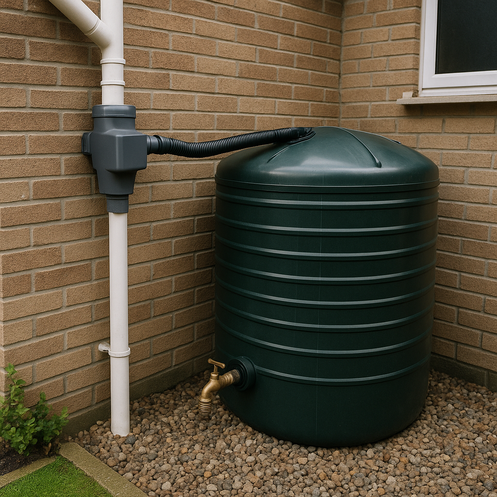 récupération d’eau de pluie avec gouttière fixée au toit, tuyaux reliés à une cuve extérieure, sur le mur d’une maison en pierre