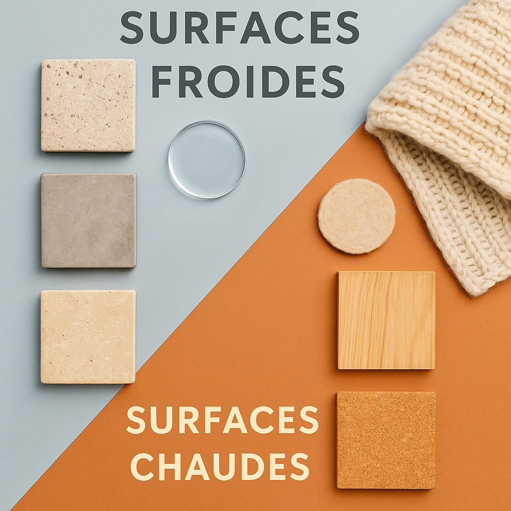 Comparaison visuelle entre surfaces froides et chaudes dans un agencement en diagonale bleu et terracotta Comparaison visuelle entre surfaces froides et chaudes dans un agencement en diagonale bleu et terracotta