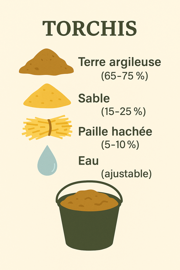 Infographie illustrant la recette précise du torchis : 65-75 % terre argileuse, 15-25 % sable, 5-10 % paille hachée, eau ajustable.