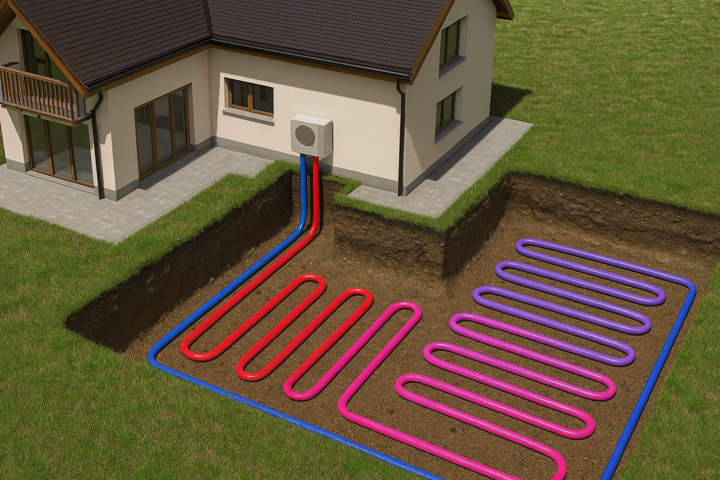 géothermie avec captage horizontal Géothermie dans une maison biosourcée : Maison individuelle équipée d’une pompe à chaleur géothermique avec captage horizontal. Les tuyaux rouges et bleus sont enterrés en boucle dans le sol, illustrant le circuit de chaleur. Le terrain est partiellement creusé pour montrer le système souterrain