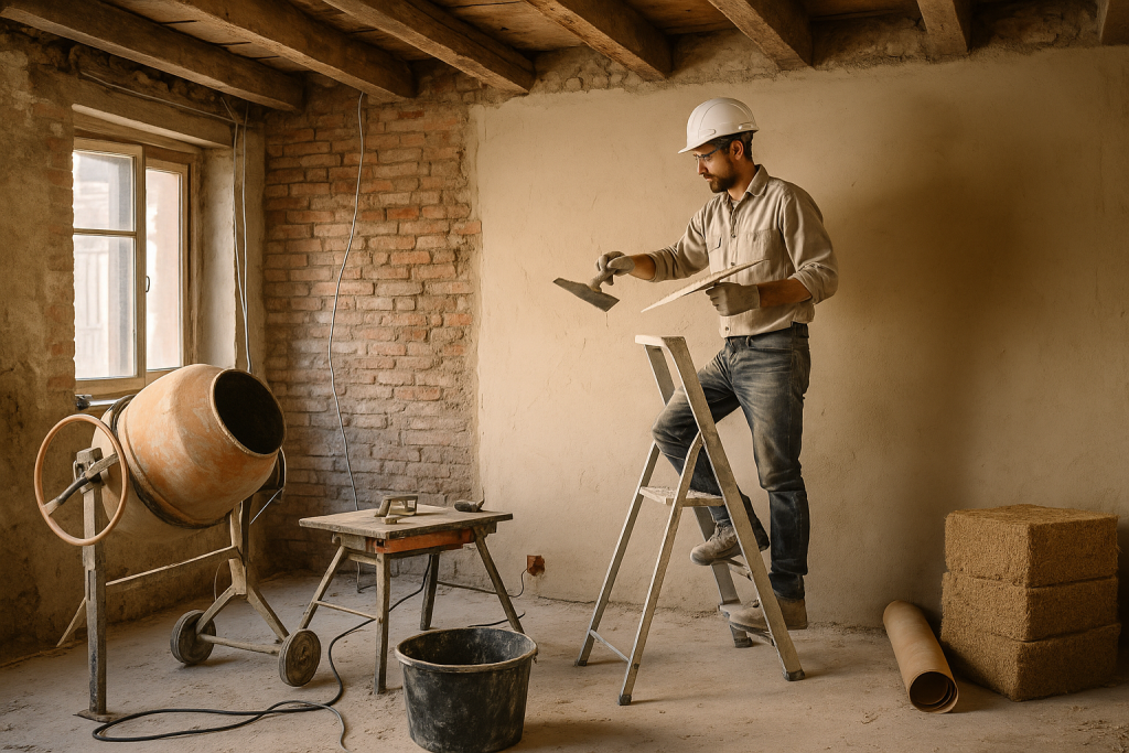 Ouvrier en pleine auto-rénovation biosourcée, appliquant un enduit naturel sur un mur dans une pièce ancienne avec poutres apparentes, bétonnière et bottes de fibres végétales.