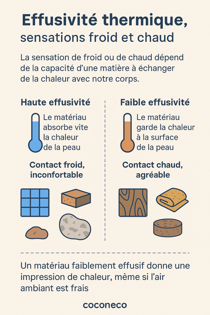 effusivité Infographie en français illustrant la différence entre effusivité et diffusivité thermiques avec des exemples de matériaux et leurs impacts sur le confort perçu