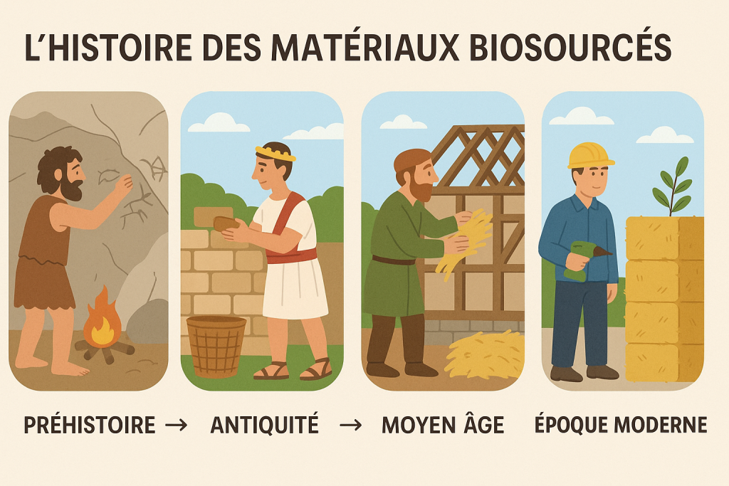 Illustration évolutive de l'histoire des matériaux de construction : torchis, pierre, béton et éco-matériaux.