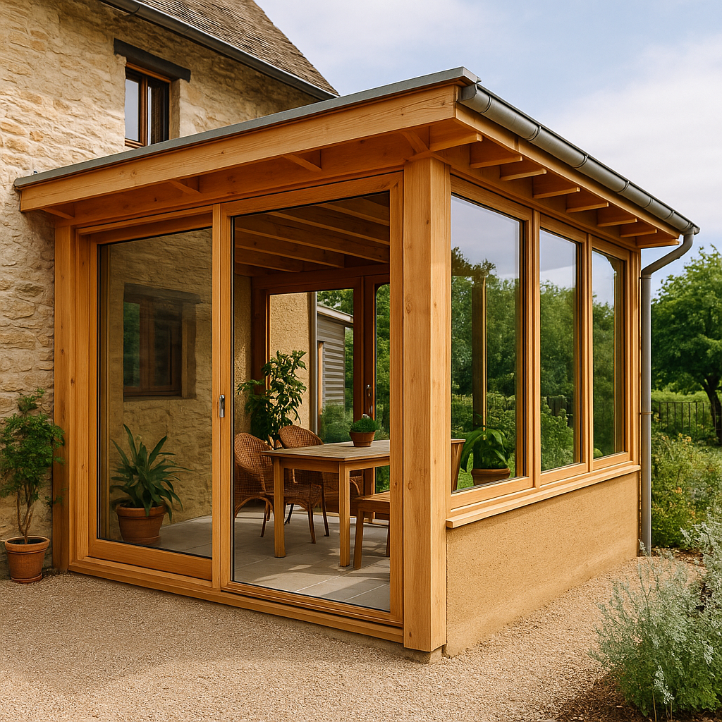 Véranda en bois attenante à une maison biosourcée, avec structure vitrée, toiture en pente et façade en matériaux naturels, baignée de lumière en journée.