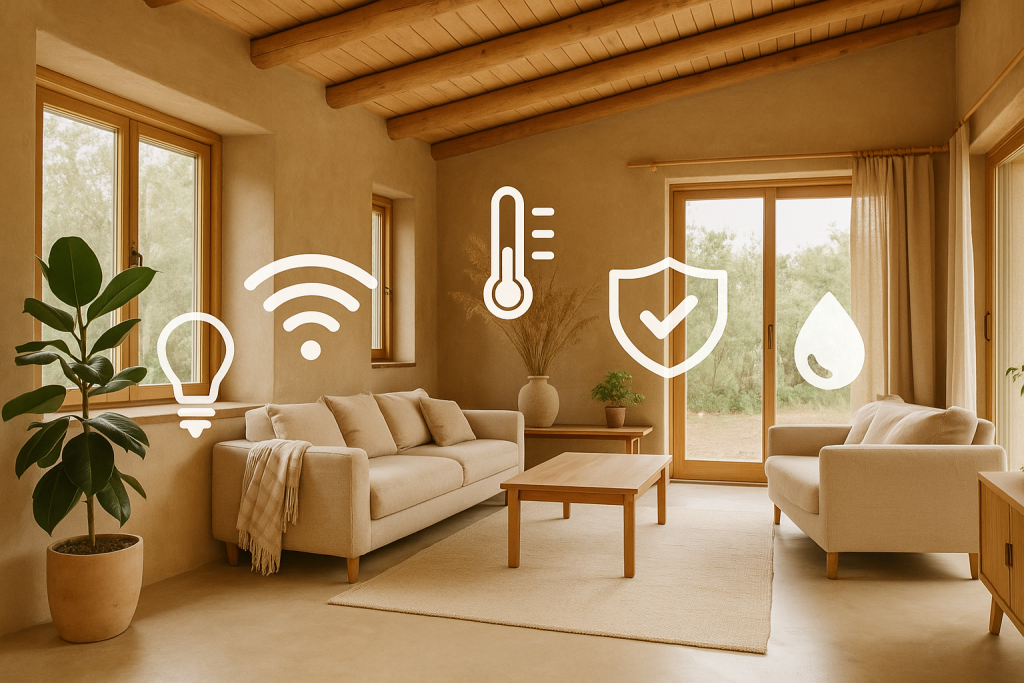 domotique et maison biosourcée : Salon lumineux et biosourcé équipé de technologies domotiques discrètes : capteurs d’humidité, commande vocale et éclairage intelligent.